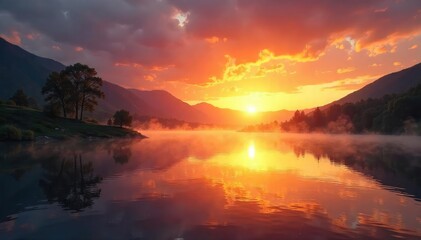 Fototapeta premium Stunning sunrise over a tranquil lake, bathed in golden light Perfect for calendars, websites, or any project needing a peaceful, serene backdrop , dusk, backdrop, rays