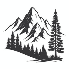 Detailed black and white silhouette illustration of a rugged mountain range with pine trees and a single tall evergreen tree in the foreground on a white background
