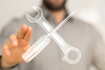 Image of a hand reaching for digital wrench and screwdriver icons. Perfect for repair, maintenance,...