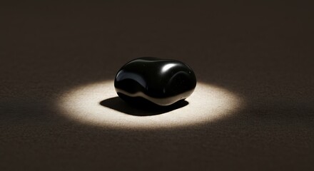 Shiny black stone in a spotlight on a dark surface.