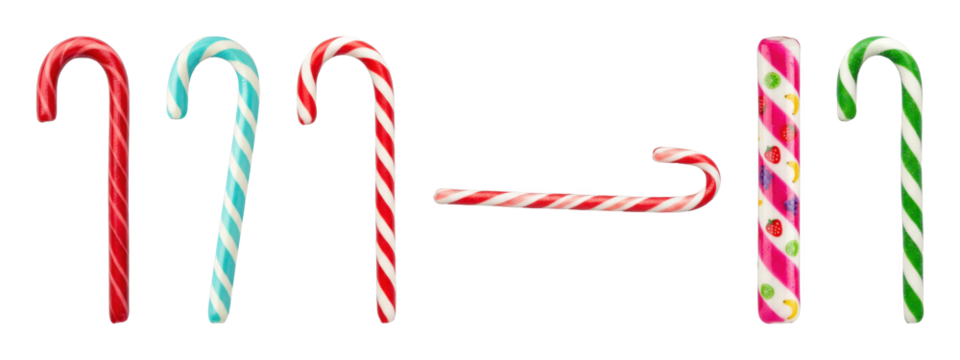 Candy cane set including red, blue, green striped, and fruit patterned varieties isolated. Holiday sweets and confectionery collection.