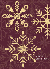 Snowflakes falling, festive greeting card design. Holiday vintage grunge texture. Merry Christmas seasonal postcard. Holiday design with snow flakes pattern, winter poster. Grainy noise. Flat vector.