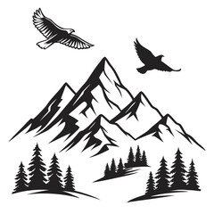 Mountain Range Silhouettes With Flying Eagles And Pine Trees On White Background mountains peak