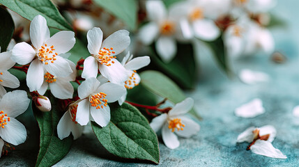 Delicate White Mock Orange Blossoms with Green Leaves on Textured Background