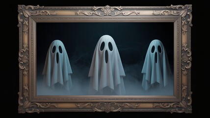 Three ghosts in ornate frame with fog halloween spooky.