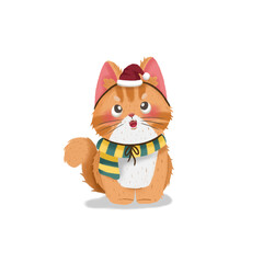 Cute Cat with Scarf and Santa Hat
