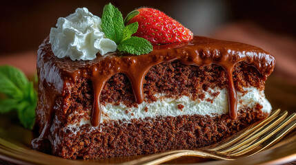 Delicious Slice of Chocolate Cake with Whipped Cream and Strawberry