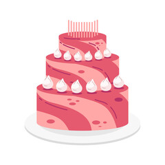 Three tier pixel art birthday cake with pink frosting white whipped cream frosting and candles on a white plate illustration