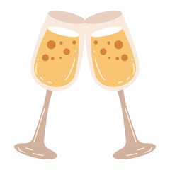 Two Champagne Glasses Clinking Together for a Toast Celebration with Bubbles in Amber Liquid on Transparent Background