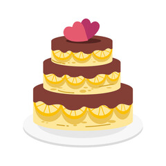 Three Tiered Chocolate Cake With Pink Hearts And Lemon Slices And Yellow Frosting On White Plate And White Background