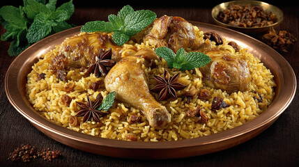 Delicious Chicken Biryani with Rice, Spices, and Mint in a Copper Bowl
