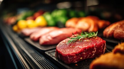 Freshly prepared beef cuts displayed in a refrigerated meat display case, featuring a focus on a seasoned steak with rosemary sprigs.