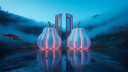 Two glowing pumpkins and futuristic towers in a foggy landscape.