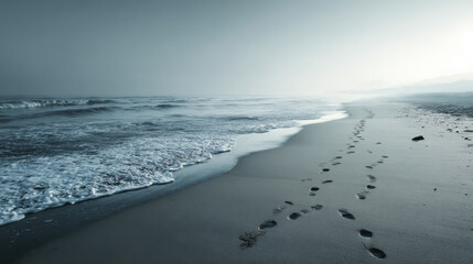 Calm beach ocean waves sandy shore wet sand shoreline morning light misty horizon footprints coastal scene tranquil mood serene coastal scene with