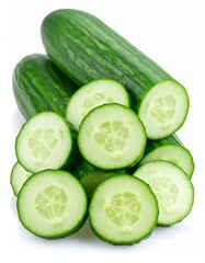 Fresh cucumber in white background, aesthetic and fokus slicing cucumber. Sliced cucumber showcasing its vibrant green and hydrating texture ideal for food photography, detox themes
