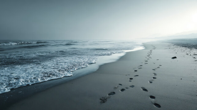 Calm beach ocean waves sandy shore wet sand shoreline morning light misty horizon footprints coastal scene tranquil mood serene coastal scene with