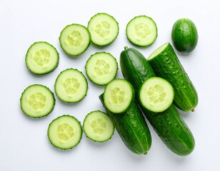 Fresh cucumber in white background, aesthetic and fokus slicing cucumber. Sliced cucumber showcasing its vibrant green and hydrating texture ideal for food photography, detox themes