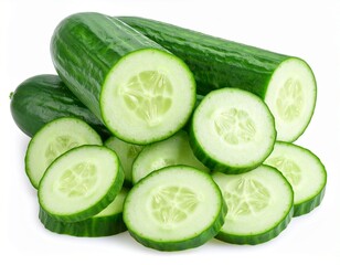 Fresh cucumber in white background, aesthetic and fokus slicing cucumber. Sliced cucumber showcasing its vibrant green and hydrating texture ideal for food photography, detox themes