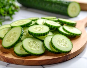 Fresh cucumber in white background, aesthetic and fokus slicing cucumber. Sliced cucumber showcasing its vibrant green and hydrating texture ideal for food photography, detox themes