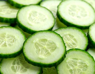 Fresh cucumber in white background, aesthetic and fokus slicing cucumber. Sliced cucumber showcasing its vibrant green and hydrating texture ideal for food photography, detox themes