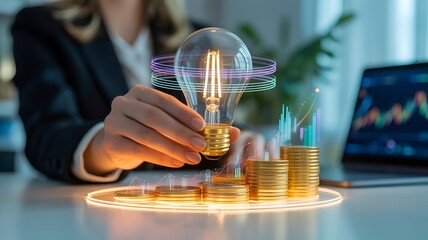 Woman Holding Lightbulb with Financial Charts and Coins.