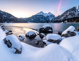 Winter Mountain Lake Sunrise Landscape.
