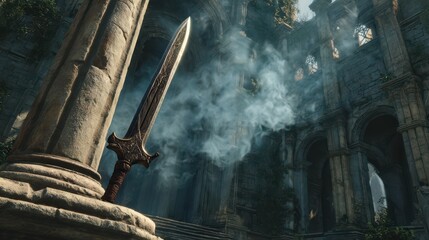 Fototapeta premium Ancient Sword in Ruins Surrounded by Mystical Fog and Light