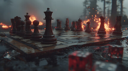 War scene with figures and flames