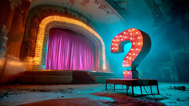 A large, illuminated question mark stands in a dilapidated theater with pink curtains and an ornate stage backdrop. The sign's vibrant red lights contrast the surrounding decayed environment. - Powered by Adobe