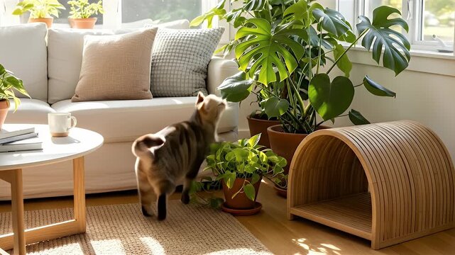 Domestic cat exiting wooden shelter near plants and furniture indoors