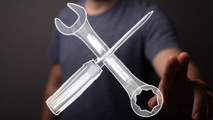 Image of a hand interacting with crossed wrench and screwdriver icons.  Perfect for concepts of...