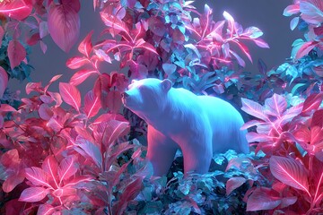 Stunning polar bear sculpture amongst vibrant neon pink and turquoise tropical foliage creates a modern and surreal nature scene for captivating designs
