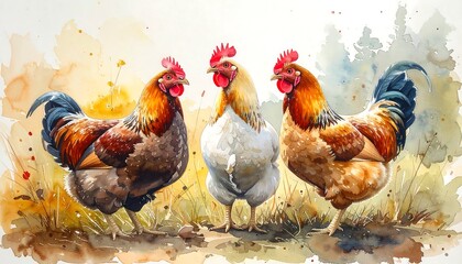 Three Roosters in a Field.