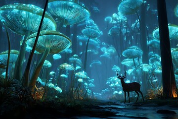 Discover the magic of a glowing mushroom forest with a majestic deer, creating a surreal and enchanting landscape for fantasy and nature lovers