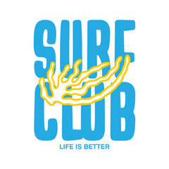 Tropical surf summer vector created with beach-themed phrases like Surfco Beach, Surf and Sun, Beach Club, and Good Vibes Only. Bold summer graphics for t-shirt prints, posters, stickers, and branding