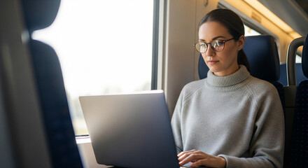 Focused young woman working on laptop while traveling by train