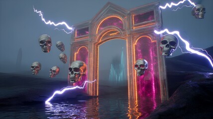 Mystical archway with floating skulls and lightning.