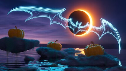 Neon bat silhouette over a solar eclipse with pumpkins on clouds.