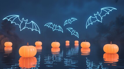 Neon Bats and Glowing Pumpkins on Water.