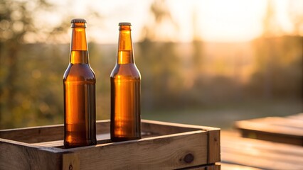 Two Amber Beer Bottles Sit On A Wooden Crate Outdoors At Sunset With Golden Light