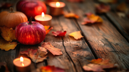A wooden table decorated with autumn leaves, pumpkins, and candles with space for text. Thanksgiving concept.