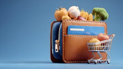 3D credit card wallet with zipper open holding groceries, beside cart and basket of food. Concept:
E-commerce, digital payment, online shopping, fintech, grocery retail, digital wallet, smart finance