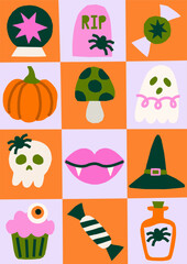 Cutout playful abstract Halloween vector illustration. Cute retro groovy fall poster design