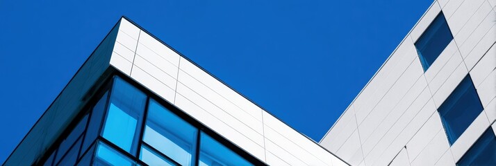 A modern building corner featuring sleek lines and reflective glass against a clear blue sky.