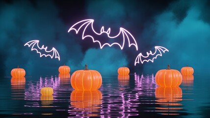 Neon Pink and Blue Bats Over Pumpkins on Water hologram.