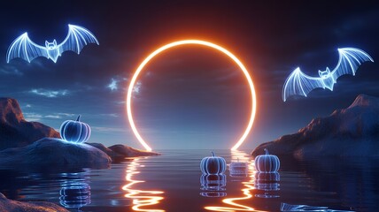 Neon Halloween Scene with Glowing Bats Pumpkins and Ring Light.