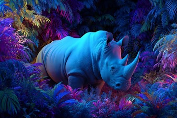 Discover the beauty of a rhino amidst vibrant neon flora, perfect for captivating wildlife campaigns and imaginative designs that demand attention