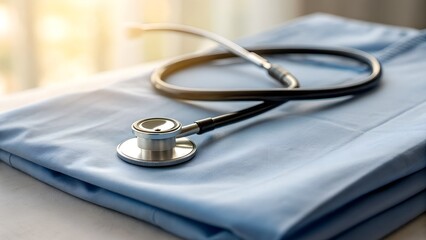 Medical Stethoscope Resting on Folded Light Blue Scrubs With Soft Golden Sunlight