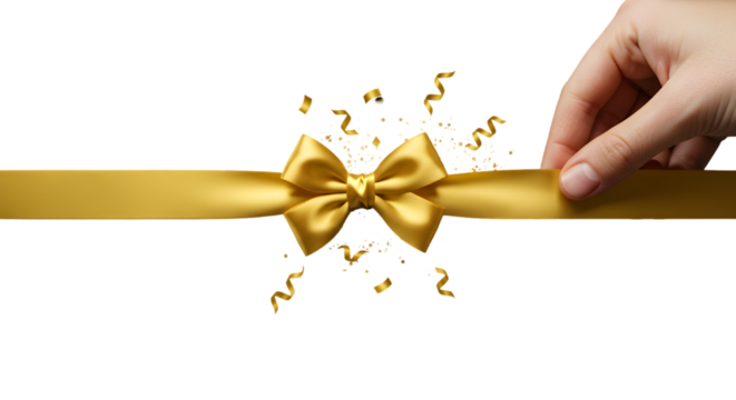 Ribbon with gold bow tearing through black ribbon — gift presentation stock photo
- Powered by Adobe