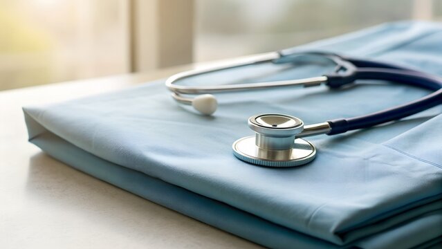 Light Blue Scrubs With Stethoscope Resting On Top By Window With Soft Sunlight